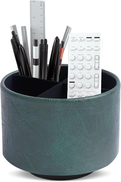 Round Leather Art Supply Organizer,Remote Control Holder,360 Degree Rotating,Multi-Functional Pencil Holder,4 Compartments Desktop Stationary Organizer(1-Blue Bird) - Colors A