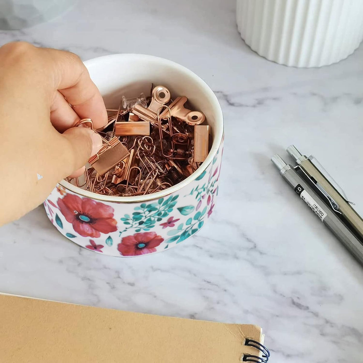 Paper Clip Holder Ceramic Paper Clip Holders Floral Paperclips Holder Dispenser Cute Gold Line Paper Clip Organizer for Desk Binder Clip Holder Bobby Pin Hair Clip Holder Gift for Office Pink Flowers