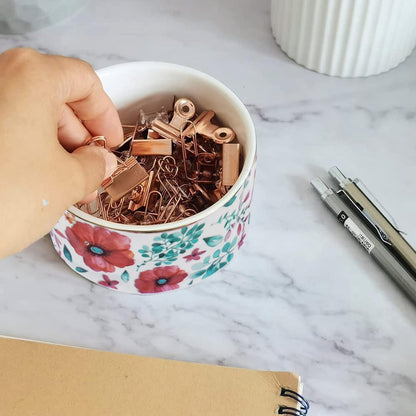 Paper Clip Holder Ceramic Paper Clip Holders Floral Paperclips Holder Dispenser Cute Gold Line Paper Clip Organizer for Desk Binder Clip Holder Bobby Pin Hair Clip Holder Gift for Office Pink Flowers