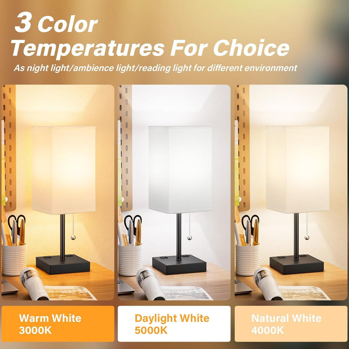 Wood-Grain Small Bedside Lamp for Bedroom - Square Cream Fabric Shade