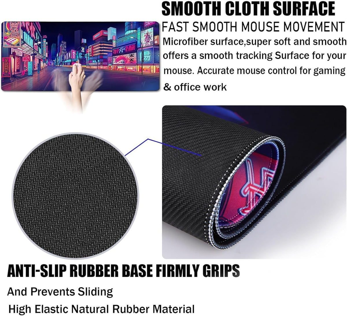 31.5" x 15.7" Waterproof Fabric Desk Pad, Rubber Anti-Slip Base, Stitched Edges No Curling, Fits Laptop Keyboard and Mouse, Smooth Office Mat Large Mouse Pad for Work Game, Black