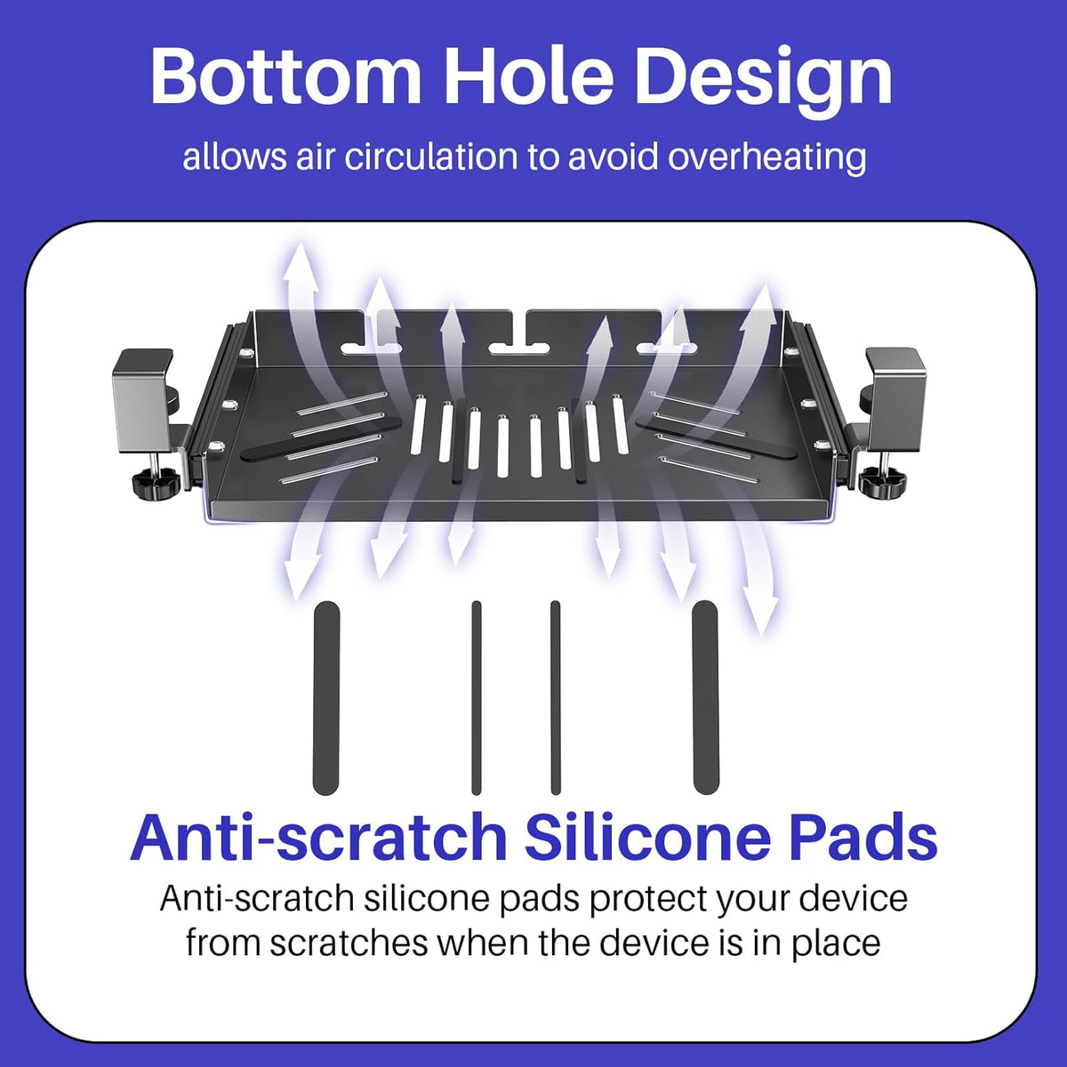 No Drill Under Desk Laptop Mount, Metal Under Desk Storage Shelf with Cable Management, Laptop Storage Tray for MacBook, Keyboard, Mac Mini, Anti-Scratch Silicone, Fits Office, Gaming, Workstations