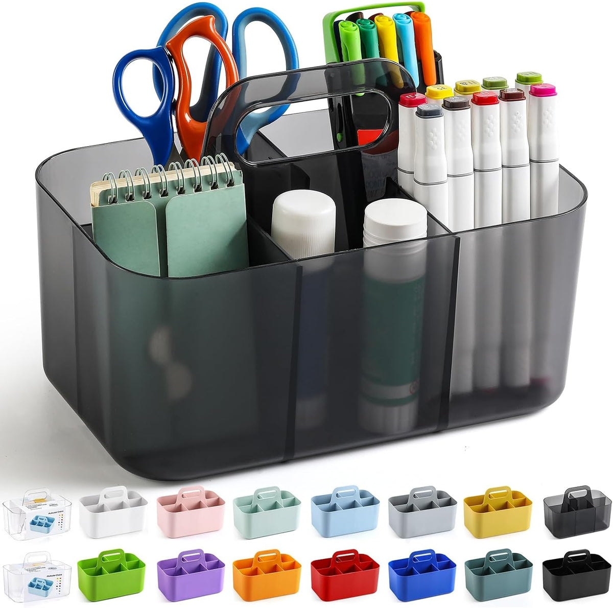Multiuse Caddy Organizer with Handle, Portable Divided Plastic Tote Bin - Art Craft, Stationary Pen Marker Crayons, Makeup Hair Supplies Storage - Bathroom, Classroom, Dorm, Office, Desk Holder -Black