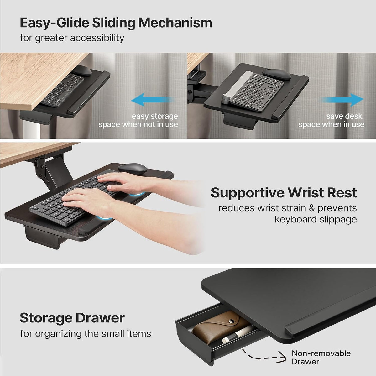 PEGZONE Keyboard Tray Under Desk Slide Out, 25 x 11 inch, Black | with Storage Drawer, Height Adjustable Swivel Tilt, Ergonomic Under Desk Mount Keyboard & Mouse Holder for Gaming Home Office