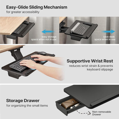 PEGZONE Keyboard Tray Under Desk Slide Out, 25 x 11 inch, Black | with Storage Drawer, Height Adjustable Swivel Tilt, Ergonomic Under Desk Mount Keyboard & Mouse Holder for Gaming Home Office