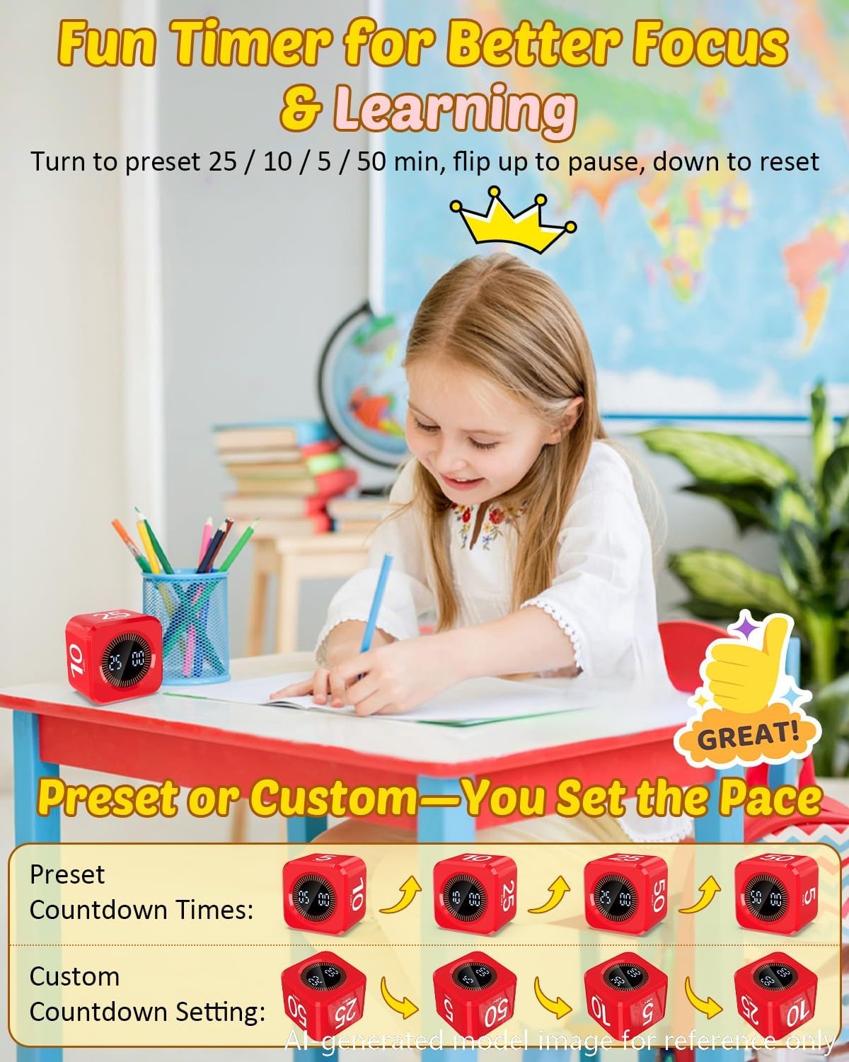 Digital Pomodoro Timer Cube 5/10/25/50min, Visual Productivity Flip Timer for Kids Classroom Desk, Custom Countdown, Silent and Sound Mode for ADHD Study Work Game Kitchen (Purple)