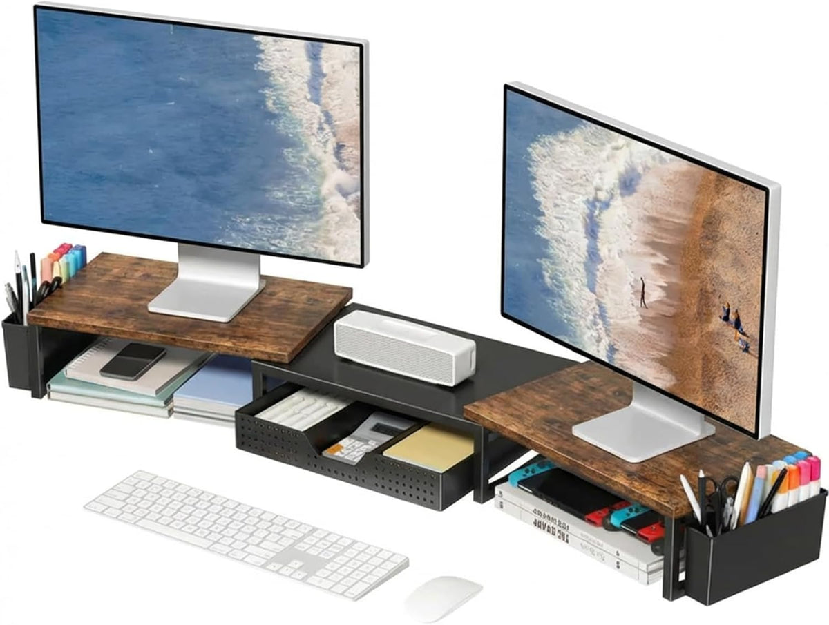OPNICE Desk Organizers and Accessories, Dual Monitor Stand Riser with Drawer and 2 Pen Holders, Desk Shelf Metal Computer Racks for Office Workspace Organizers, Desktop Organization (Black Metal)