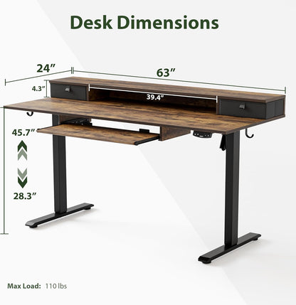 48 * 24 Inch Electric Standing Desk with Shelf & Led, Dark Walnut