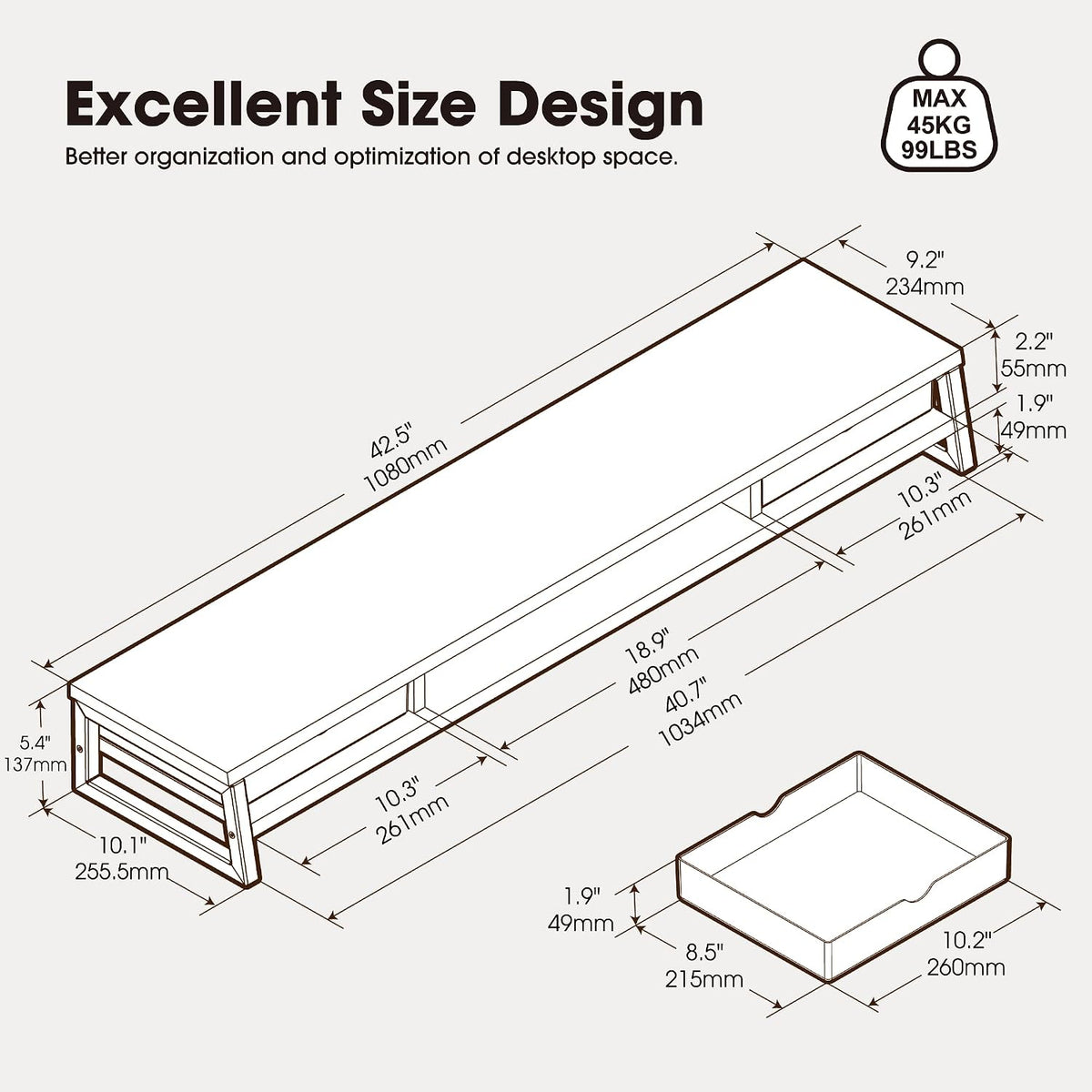 Fenge Dual Monitor Stand, Monitor Riser with Drawer, 42.5 Inch Large Computer Monitor Stand for 2 Monitors, 2 Tier Wooden Desk Shelf for Top of Desk