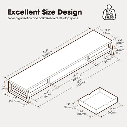 Fenge Dual Monitor Stand, Monitor Riser with Drawer, 42.5 Inch Large Computer Monitor Stand for 2 Monitors, 2 Tier Wooden Desk Shelf for Top of Desk