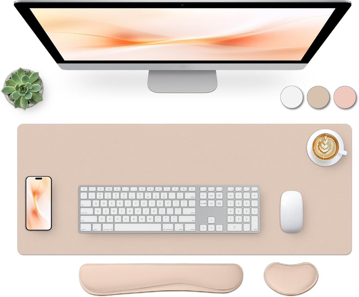 Bloss Leather Desk Pad and Keyboard Wrist Rest, Large Mouse Pad + Keyboard Pad+Mouse Wrist Support, Non-Slip Desk Mat Protector for Office, Home(31.5×15.7 Inches,Beige) - Colors B