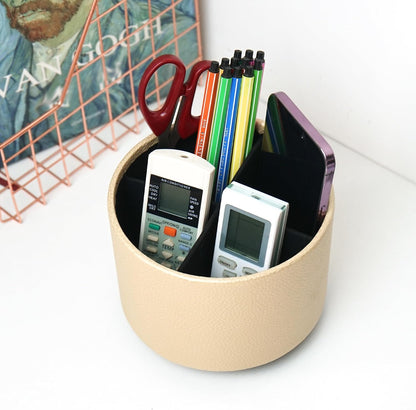 Round Leather Art Supply Organizer,Remote Control Holder,360 Degree Rotating,Multi-Functional Pencil Holder,4 Compartments Desktop Stationary Organizer(1-Blue Bird) - Colors A