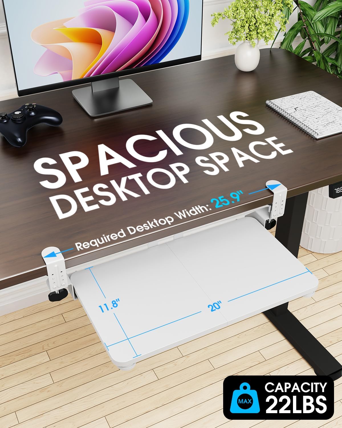 Small Keyboard Tray Under Desk, Pull Out Keyboard & Mouse Tray with Adjustable C-clamp, 20(25.9 Including Clamps) x 11.8 Inch Slide Out Computer Keyboard Drawer Mouse Tray for Typing, Walnut