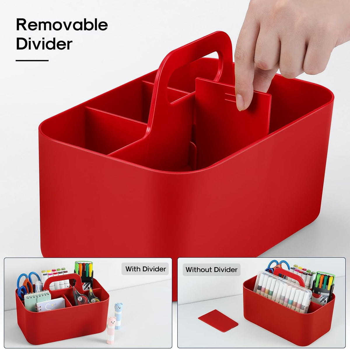 Multiuse Caddy Organizer with Handle, Portable Divided Plastic Tote Bin - Art Craft, Stationary Pen Marker Crayons, Makeup Hair Supplies Storage - Bathroom, Classroom, Dorm, Office, Desk Holder -Black