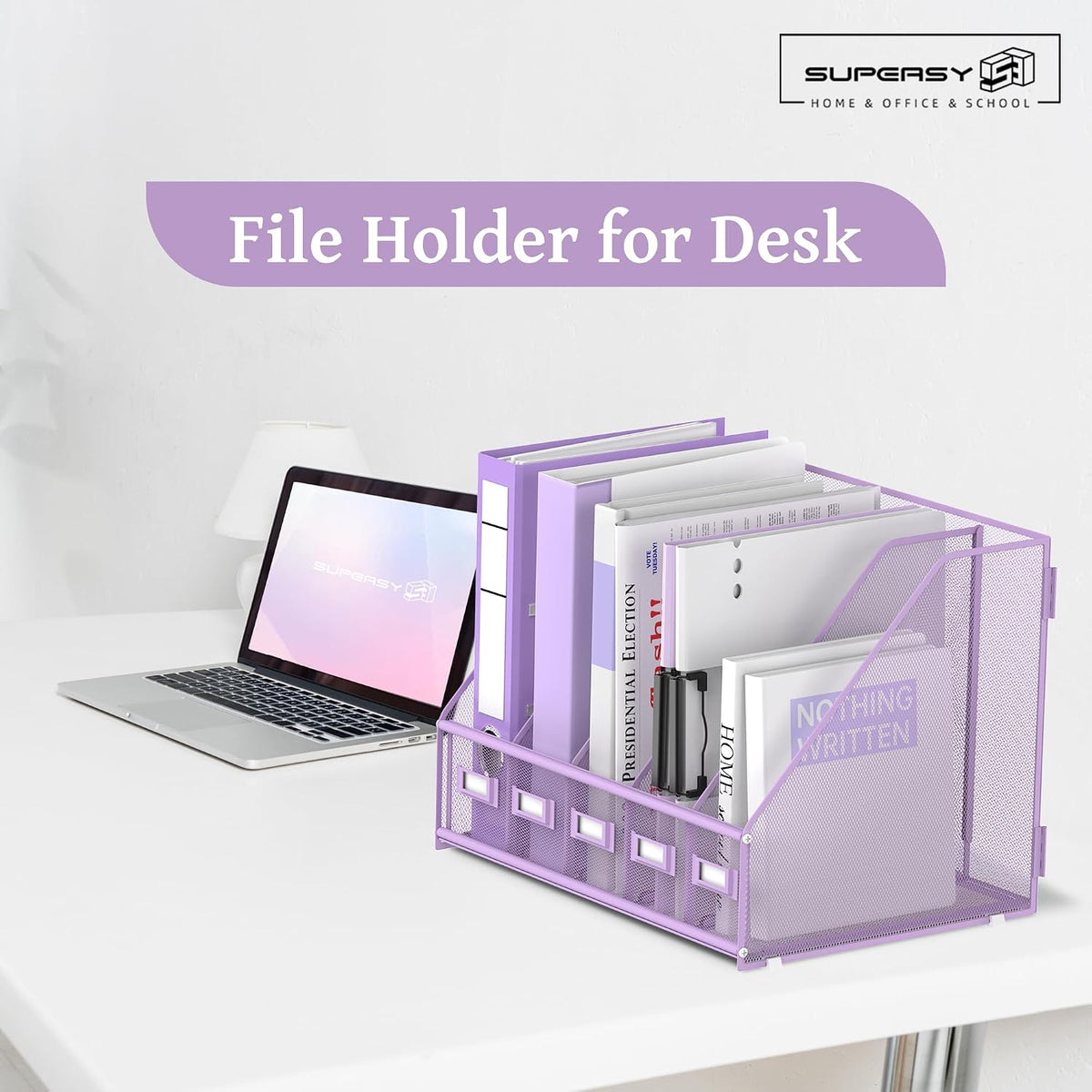 Desk Organizers Metal Desk Magazine File Holder with 5 Vertical Compartments Rack File Organizer for Office Desktop, Classroom, Home Workspace, Black