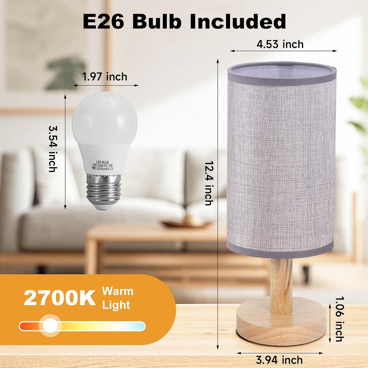 Small Bedside Table Lamp for Bedroom,Natural Round Wood Base&Fabric Linen Shade,Cozy Night Table Light for Study Reading,Minimalist Boho Desk Lamp for Nightstand,Living Room,Nursery,Kitchen,Dorm