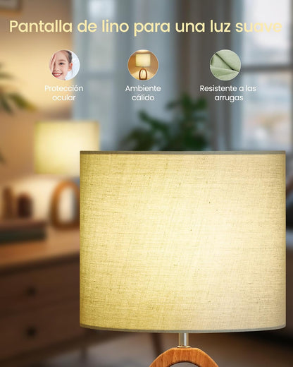 Small Table Lamp, 14.2" Cute Little Desk Lamp, Wood Bedside Lamp with Linen Lampshade, Modern Nightstand Lamp for Bedroom, E26 Base, Bulb Not Included, Beige and Dark Natural LE07TL05