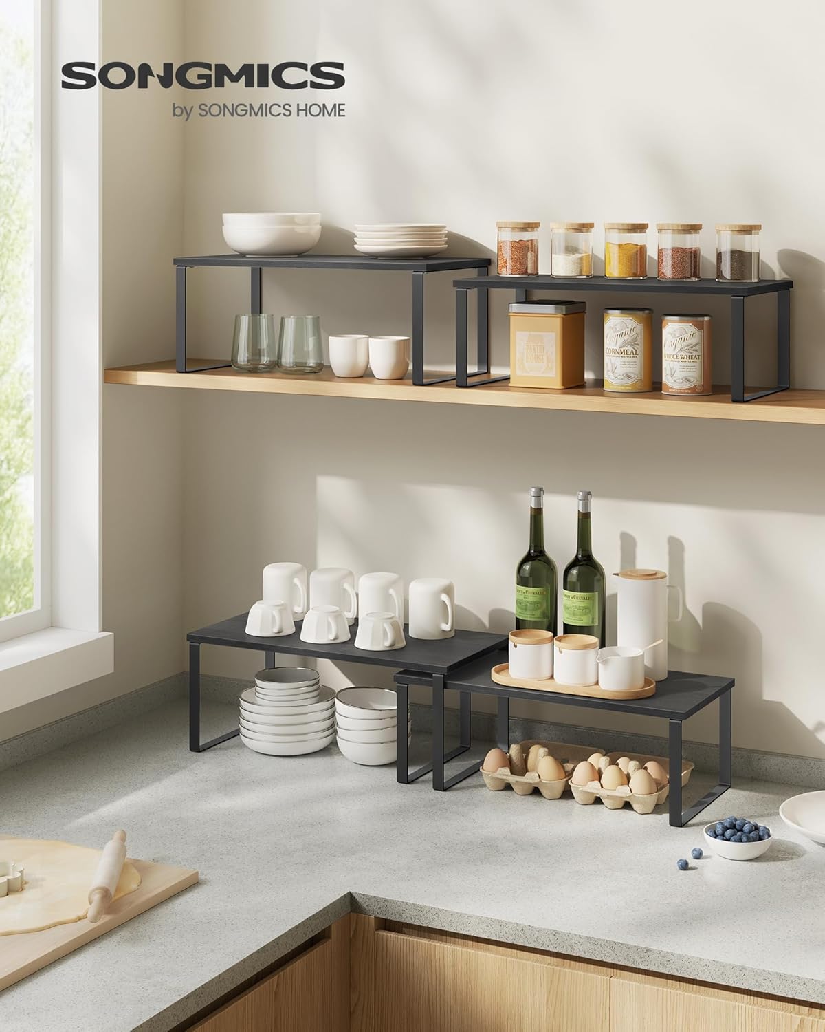 SONGMICS Cabinet Organizer Shelf, Set of 4 Kitchen Counter Shelves, Kitchen Storage, Spice Rack, Stackable, Expandable, Metal and Engineered Wood, Cloud White and Natural Beige UKCS010N01