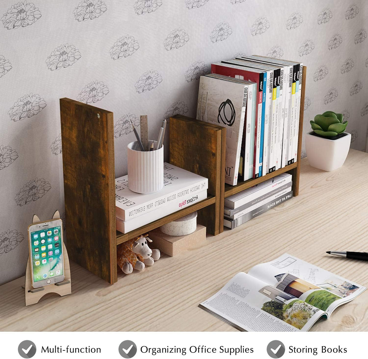 Jerry & Maggie Desktop Organizer Office Storage Rack Adjustable Wood Display Shelf Free Style Double H, Multi-Functional Mini Bookshelf for Desk Natural Stand (White)
