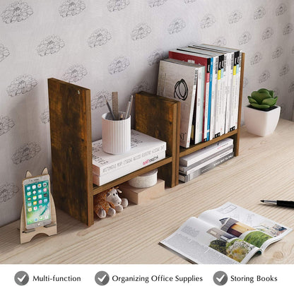 Jerry & Maggie Desktop Organizer Office Storage Rack Adjustable Wood Display Shelf Free Style Double H, Multi-Functional Mini Bookshelf for Desk Natural Stand (White)