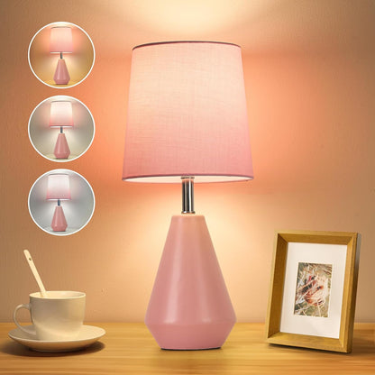Small Bedside Table Lamp for Bedroom - Reading Desk Lamp with 3 Color Temperatures，15.5" Nightstand Ceramic Lamp with Fabric Shade for Kids Room,Living Room,Dorm,Home Office (Green)