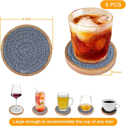 Wood Coasters for Drinks, Eykao Absorbent Coaster Sets of 5, Woven Drink Coasters for Coffee Table, Housewarming Gift for Farmhouse Home Decor,4 inches