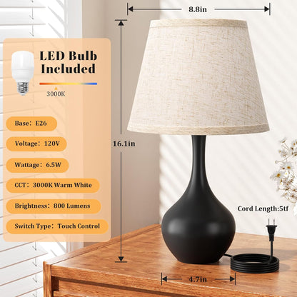 Seealle Touch Table Lamp for Bedroom, 3-Way Dimmable Small Bedside Lamps for Night Stands with Wires, Wood-Paint Desk Lamp for Kids Room, Office, Living Room, End Table(LED Bulb Included)