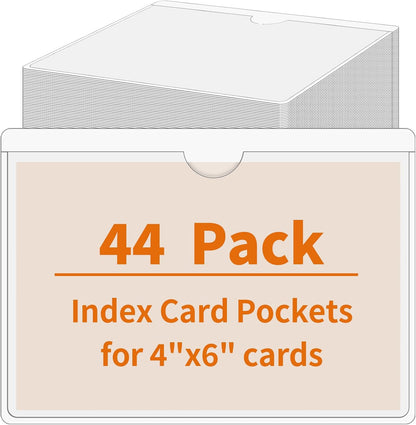 44 Pack Labels for Storage Bins, 3×5 Inches Index Card Holder Organizer, Clear Adhesive Pockets, Plastic Label Holders for Tote Library Card Bins Box Drawer Classroom Organization