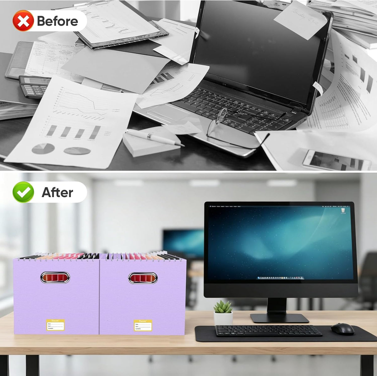 BALEINE File Organizer Box, Cardboard File Folder Organizer with Handle for Letter Size, Portable Collapsible Hanging Filing Box for Home Office Document Storage (2 Pack, Black)