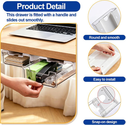 Under Desk Storage Drawer Organizer,2 Pack Self-Adhesive Slide Out Desk Drawers Under Table for Shelf,Office Supplies,Home,Clear White,LM