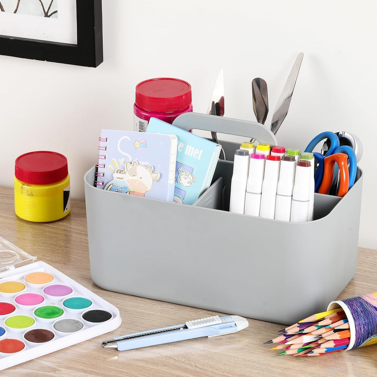 Multiuse Caddy Organizer with Handle, Portable Divided Plastic Tote Bin - Art Craft, Stationary Pen Marker Crayons, Makeup Hair Supplies Storage - Bathroom, Classroom, Dorm, Office, Desk Holder -Black