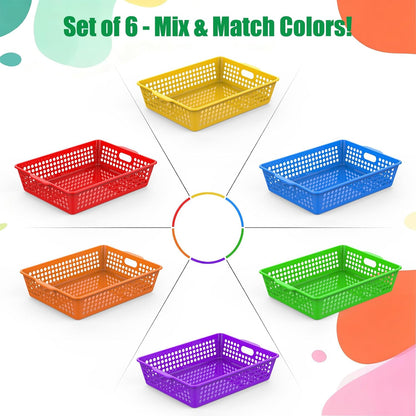 QRRICA 6 Pack Plastic Classroom Storage Baskets, Paper Trays for Classroom Organization & Turn in Trays for Teachers, Students, Desk Organizer Bin 13.8x10.6x3.1 Inch (Rainbow)