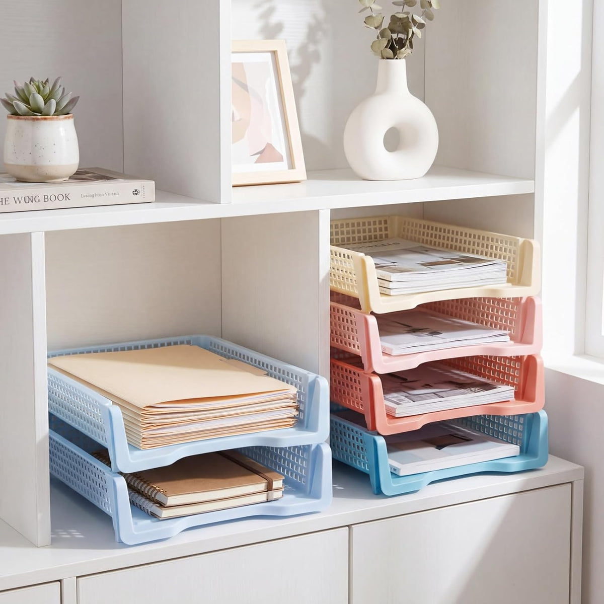 Tenceur 6 Pcs Turn in Trays Classroom, Pastel Paper Tray for Classroom Organization and Storage Stackable Plastic Book Baskets Teacher Organizers for Library Drawers Office Desk