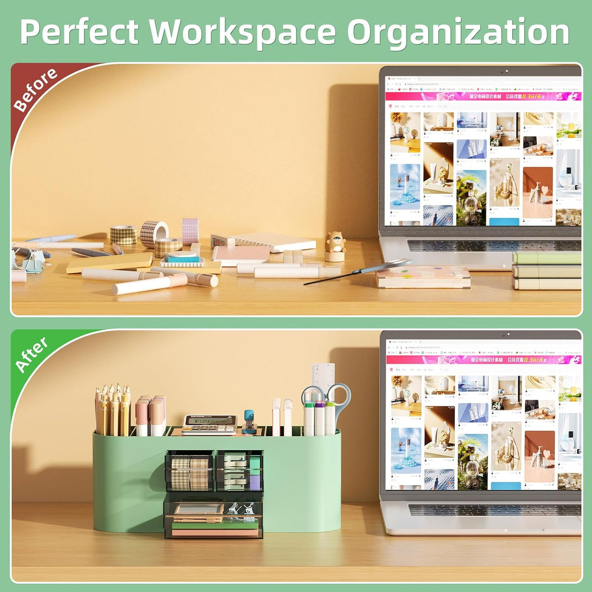 Marbrasse Desk Organizer Pen Holder for Desk with 3 Drawers, Multi-Functional Pencil Holder, Desk Organizers and Accessories with 7 Compartments for Home, School, Classroom(Pink)