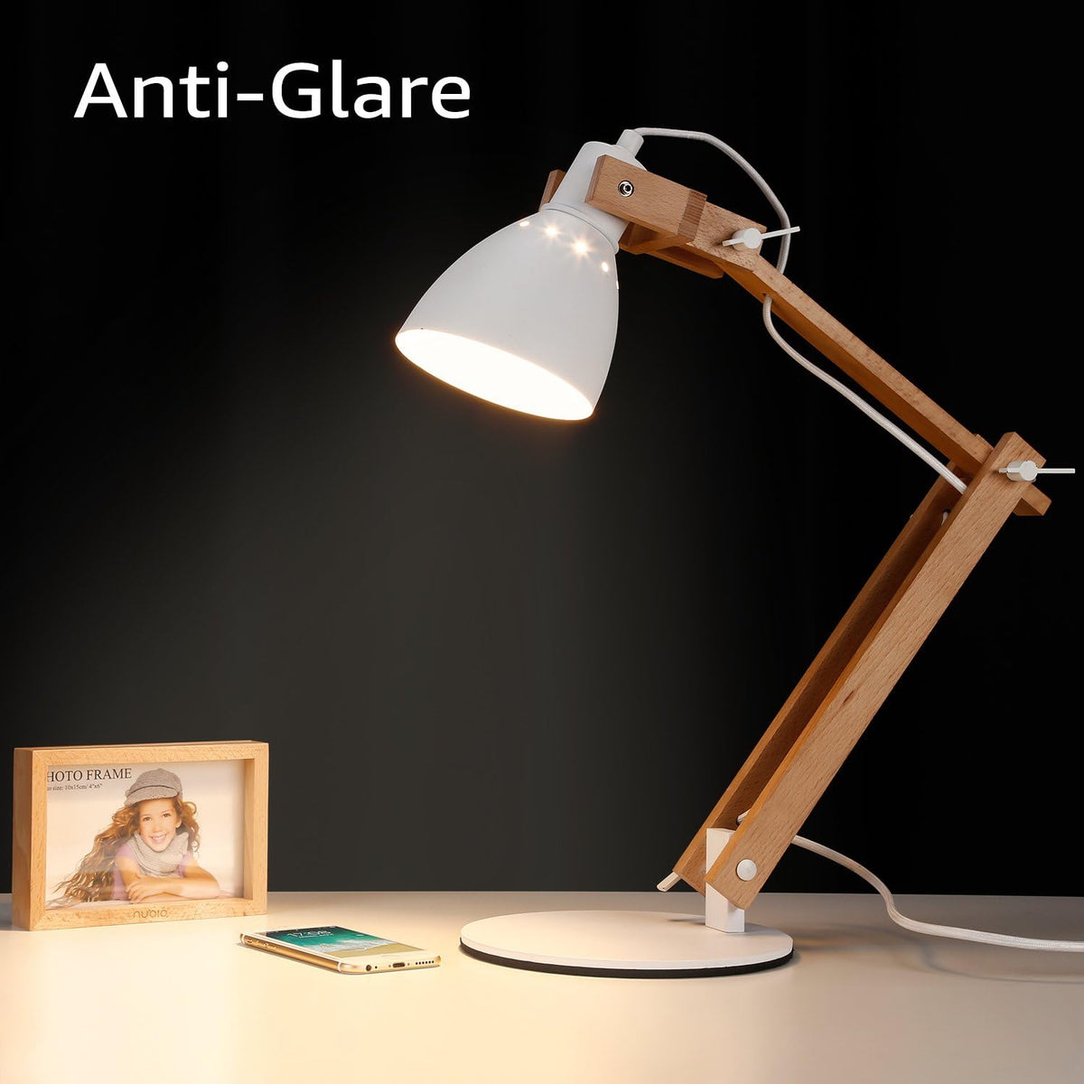 TORCHSTAR LED Swing Arm Desk Lamp, Wood Integrated Table Lamp, Heavy Base, 4-Level Dimmer, 5W, 2800K-3000K Warm White, Reading Lights for Office, Living Room, Bedroom, Bedside Nightstand Lamp, White
