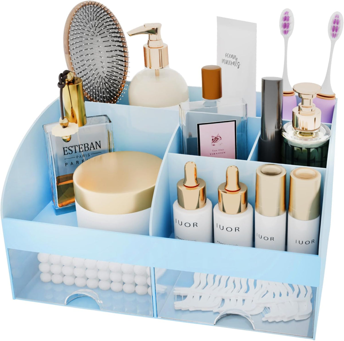 Makeup Organizer with Drawers, Cosmetic Storage for Dresser Vanity and Bathroom Countertop, Beauty Holder for Lipstick Brush, Skincare Organizer for Vanity, Cosmetic Display Case (White)