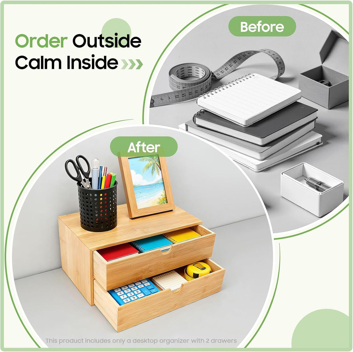 Desk Organizer, Office Vanity Bamboo Desk Organizer, Mini Bamboo Desk Drawer Tabletop Storage Box with 2 Drawer Night Stand Table Organizer for Makeup Vanity Office Supplies (2 Drawer)
