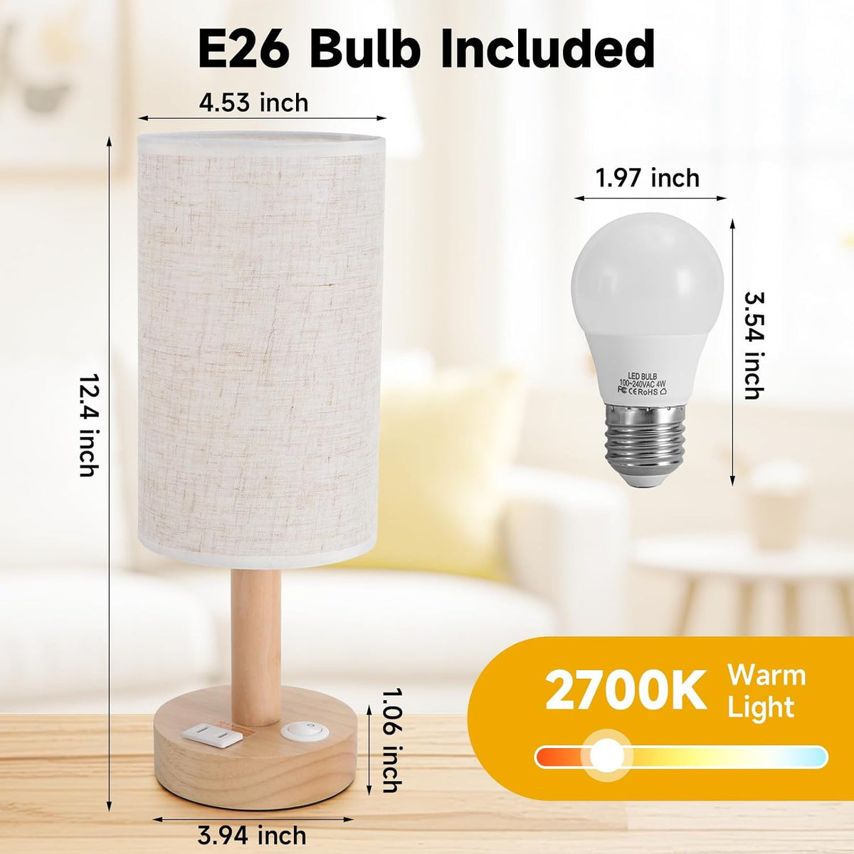 Small Bedside Table Lamp for Bedroom,Natural Round Wood Base&Fabric Linen Shade,Cozy Night Table Light for Study Reading,Minimalist Boho Desk Lamp for Nightstand,Living Room,Nursery,Kitchen,Dorm