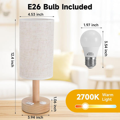 Small Bedside Table Lamp for Bedroom,Natural Round Wood Base&Fabric Linen Shade,Cozy Night Table Light for Study Reading,Minimalist Boho Desk Lamp for Nightstand,Living Room,Nursery,Kitchen,Dorm