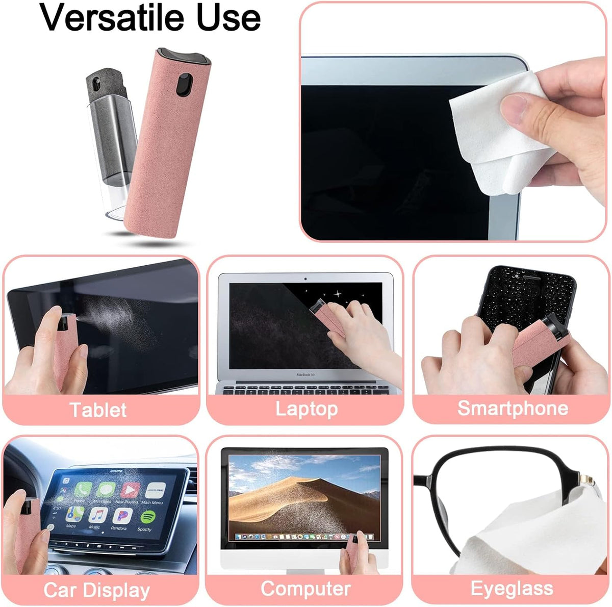 2 Pack Screen Cleaner Spray and Wipe for Laptop Monitor and Car Screens, Phone Touchscreen Mist Cleaning Kit for Cellphone, Tablet, PC, Computer, LCD, Eyeglass, iPhone, iPad, Mac Pro - Grey and Pink