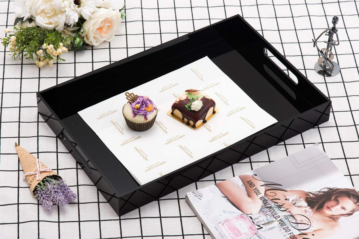 KEVLANG Glossy White Sturdy Acrylic Serving Tray with Handles-12x20 Inch-Serving Coffee Appetizer Breakfast-Kitchen Countertop Makeup Drawer Organizer-Vanity Table Ottoman Decorative Tray