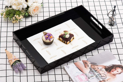 KEVLANG Glossy White Sturdy Acrylic Serving Tray with Handles-12x20 Inch-Serving Coffee Appetizer Breakfast-Kitchen Countertop Makeup Drawer Organizer-Vanity Table Ottoman Decorative Tray