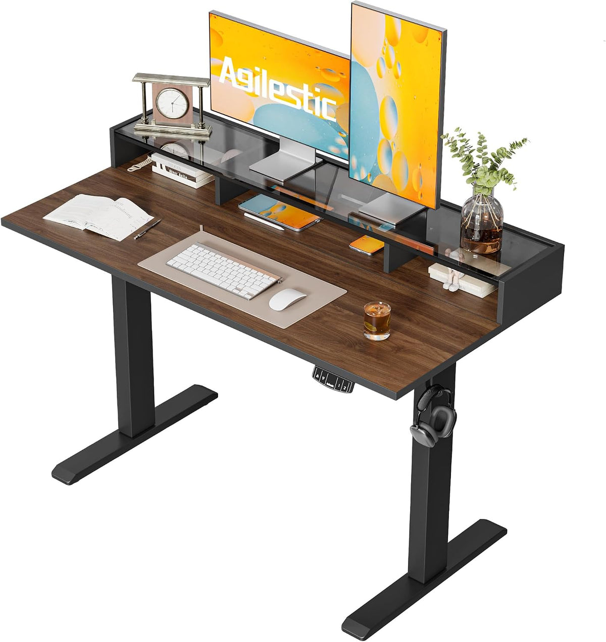 48 * 24 Inch Electric Standing Desk with Shelf & Led, Dark Walnut