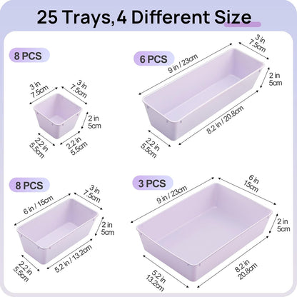 Vtopmart 25 PCS Clear Plastic Drawer Organizers Set, 4-Size Versatile Bathroom and Vanity Drawer Organizer Trays, Storage Bins for Makeup, Bedroom, Kitchen Gadgets Utensils and Office