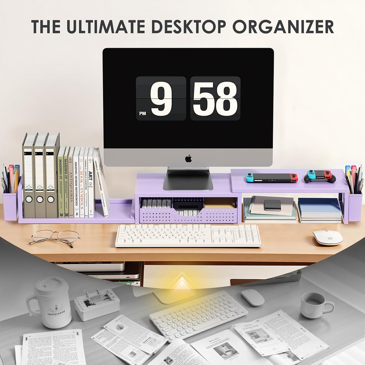 OPNICE Desk Organizers and Accessories, Dual Monitor Stand Riser with Drawer and 2 Pen Holders, Desk Shelf Metal Computer Racks for Office Workspace Organizers, Desktop Organization (Black Metal)