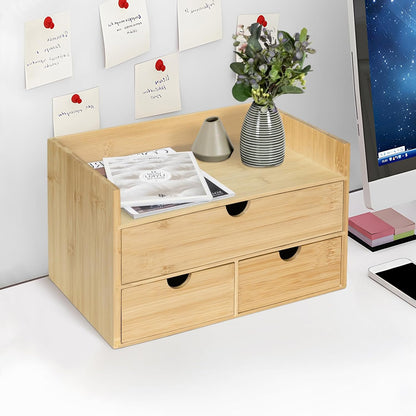 Bamboo Desk Organizer, Desktop Organizer with 3 Drawer, Tabletop Storage Organization Box for Bills, Countertop, Home Office Supplies