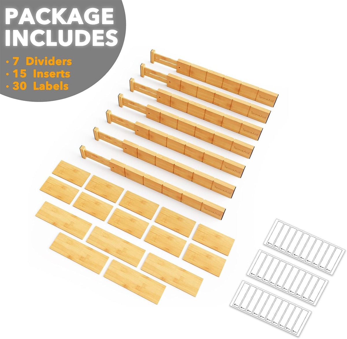 SpaceAid Bamboo Drawer Dividers with Inserts and Labels, Kitchen Adjustable Drawer Organizers, Expandable Organization for Home, Office, Dressers, 4 Dividers with 9 Inserts (17"-22" Natural)