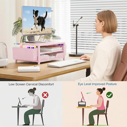 Desk Organizers and Accessories, Computer Monitor Stand Riser with Drawer and 2 Pen Holders, Printer & Laptop Stand, Office Desk Accessories & Workspace Organizers for Home Office Supplies, Black