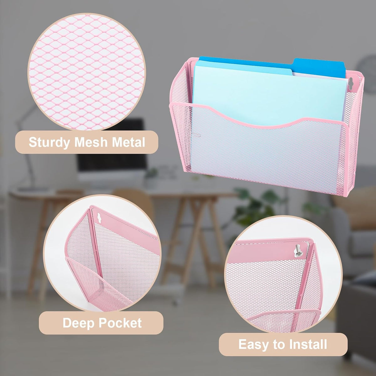 EASEPRES 3 Single Pocket Mesh Hanging File Organizer, Vertical Wall Mounted Magazine File Holder, Mount Basket Mail Paper Document Folder Organizing for Office, Home and School, Black
