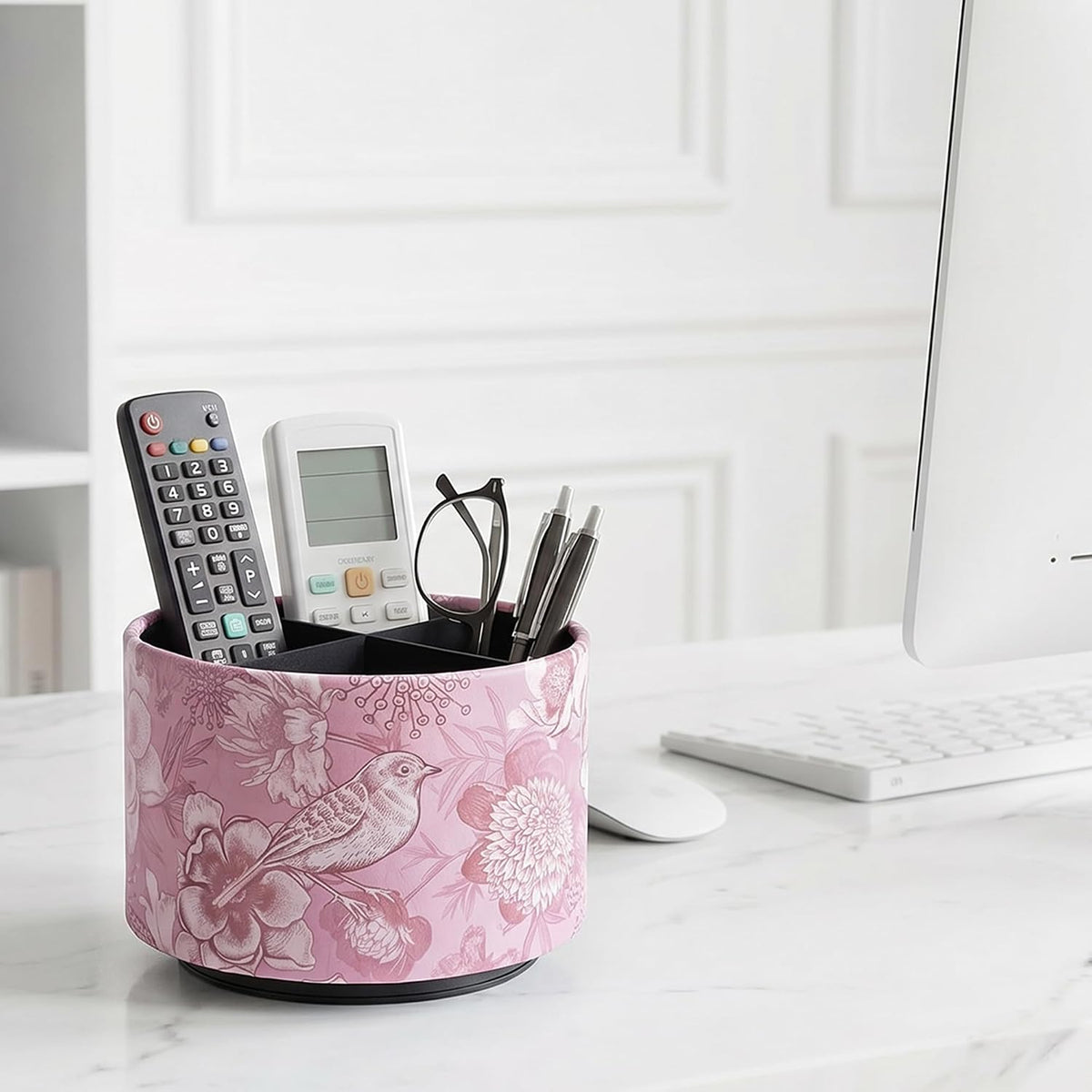 Round Leather Art Supply Organizer,Remote Control Holder,360 Degree Rotating,Multi-Functional Pencil Holder,4 Compartments Desktop Stationary Organizer(1-Blue Bird) - Colors A